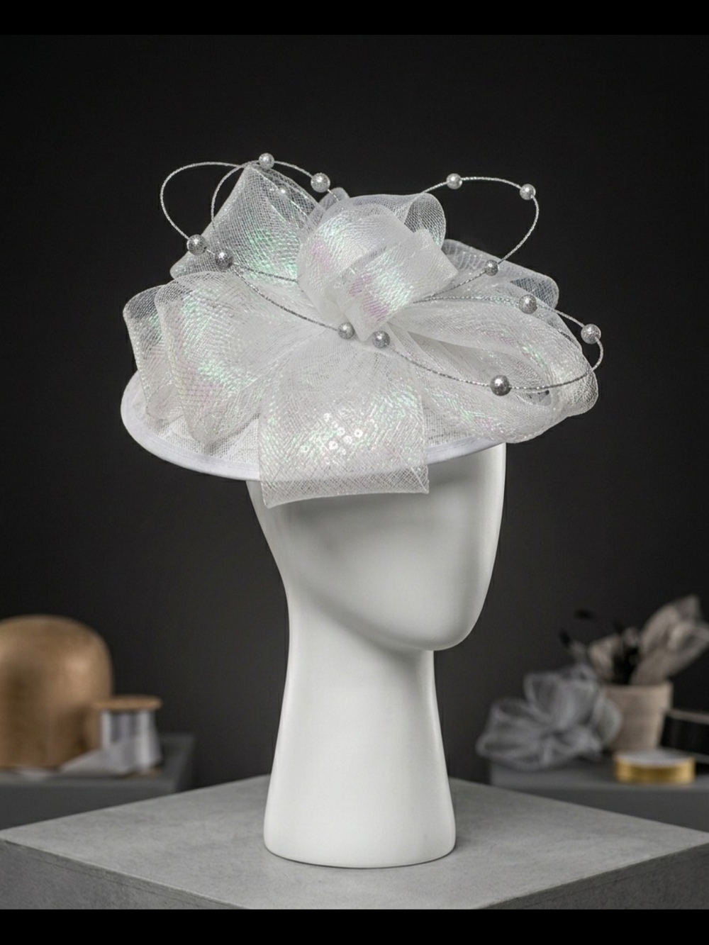 Women’s White Iridescent Fascinator Hat with Pearled Accents